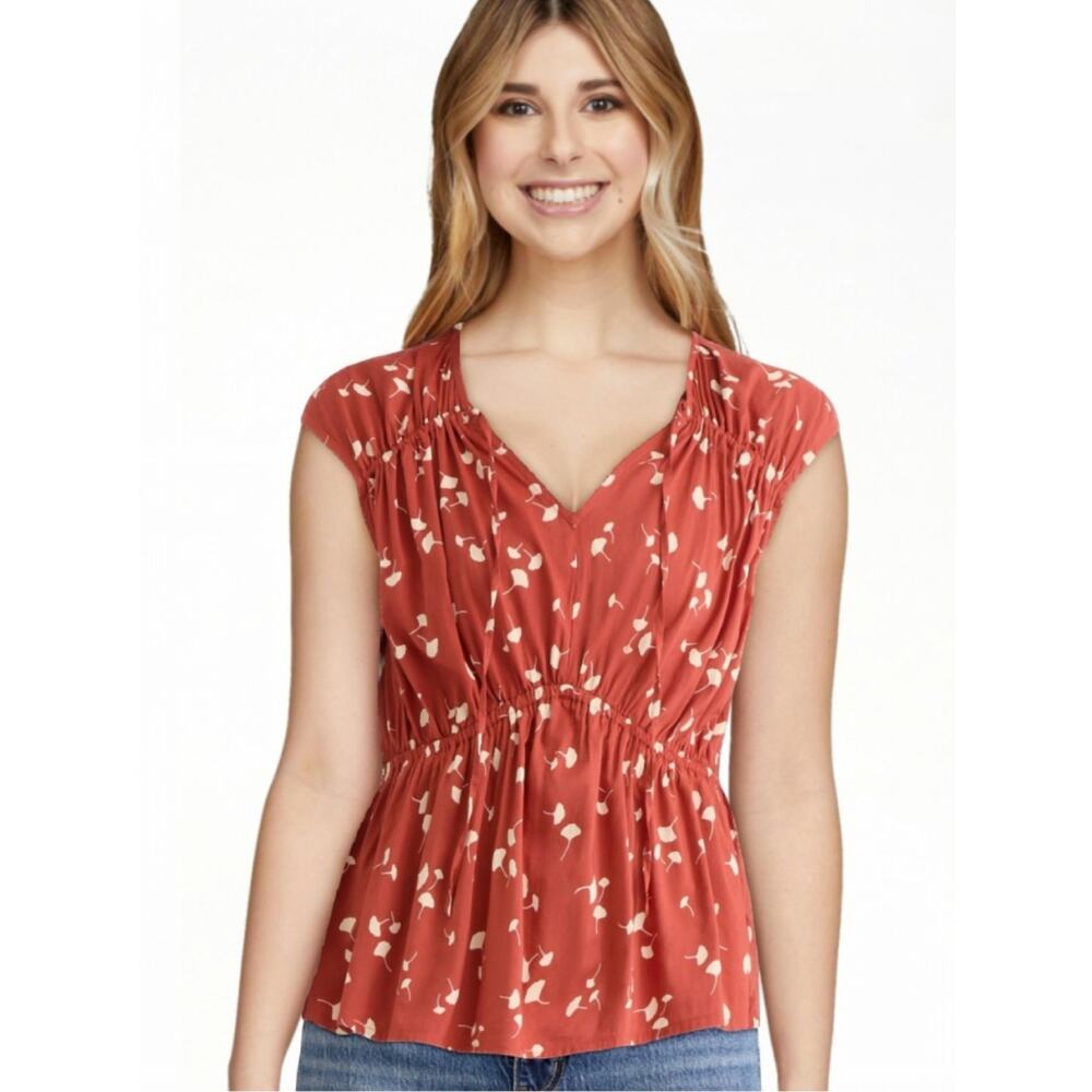 NWT Time and Tru Spade Neck Blouse Women's XS Rusty Bronze Ginkgo Leaf Pattern - Picture 5 of 13